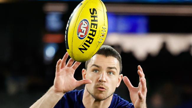 MELBOURNE, AUSTRALIA - AUG 03: Luke Davies-Uniacke of the Kangaroos warms up before the 2024 AFL Round 21 match between the North Melbourne Kangaroos and the Richmond Tigers at Marvel Stadium on August 03, 2024 in Melbourne, Australia. (Photo by Dylan Burns/AFL Photos via Getty Images)