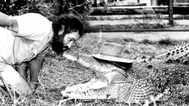 Crocodile expert Rob Bredl in a scene from the 1995 TV wildlife show Barefoot Bushman: Kissing Crocodiles. Picture: Contributed