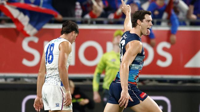 GEELONG, AUSTRALIA - MAY 22: Shannon Neale of the Cats celebrates a goal during the 2025 AFL Round 11 match between the Geelong Cats and the Western Bulldogs at GMHBA Stadium on May 22, 2025 in Geelong, Australia. (Photo by Michael Willson/AFL Photos via Getty Images)