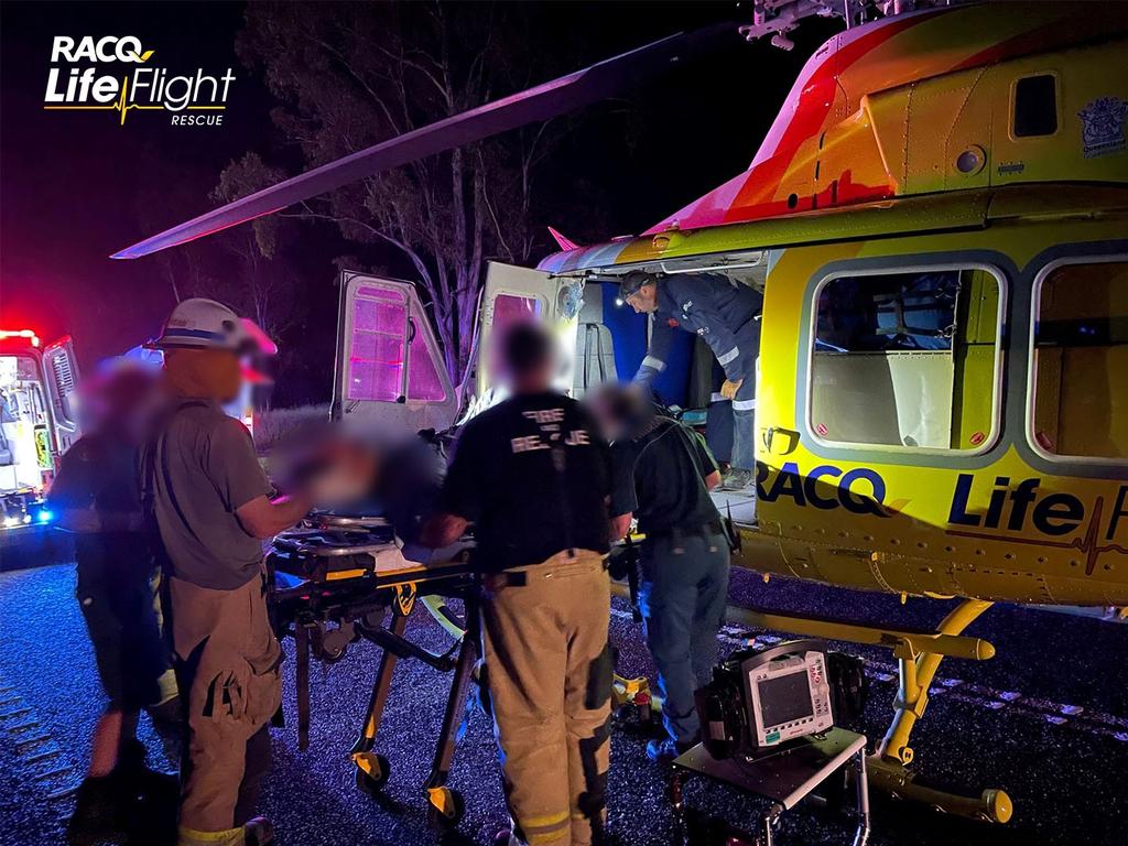 A man in his 40s has been flown to hospital after he was injured in a single-car crash at Ban Ban Springs. Photo/RACQ Lifeflight