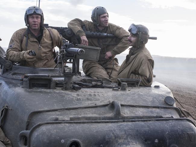 Tough viewing ... Brad Pitt as Wardaddy, with Jon Bernthal as Grady Travis and Shia LaBeouf as Boyd Swan in a scene from Columbia Pictures' film Fury.