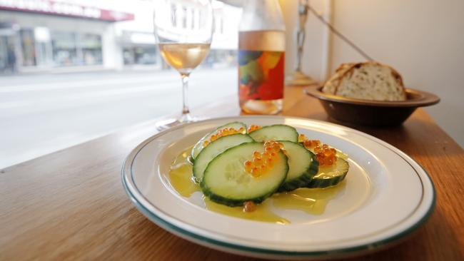 Cucumber, roe, taramasalatais a refreshing accompaniment to a glass of wine. Picture: PATRICK GEE