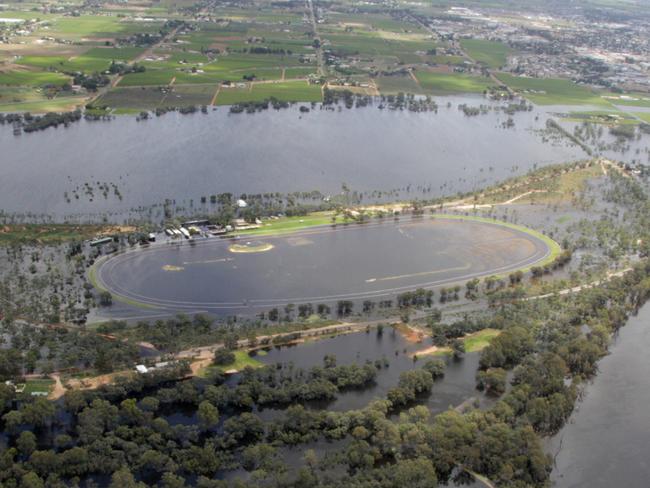 During the peak of flooding Mildura’s race track went completely underwater. Pic: Glenn Milne