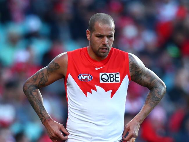 SYDNEY, AUSTRALIA - JULY 30: Lance Franklin of the Swans looks on during the round 20 AFL match between the Sydney Swans and the Greater Western Sydney Giants at Sydney Cricket Ground on July 30, 2022 in Sydney, Australia. (Photo by Jason McCawley/AFL Photos/via Getty Images )