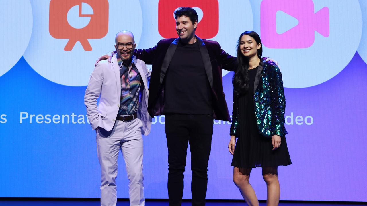 Canva co-founders (from right) Melanie Perkins, Cliff Obrecht and Cameron Adams aren’t in a rush to float the company despite a successful share sale. Picture: John Feder