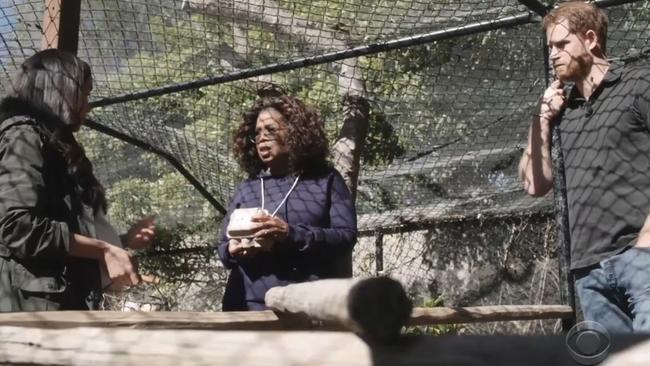 Oprah Winfrey talks to Meghan Markle and Prince Harry at their California home. Picture: Supplied