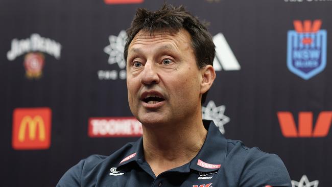 SYDNEY, AUSTRALIA - DECEMBER 02: NSW Blues Origin coach Laurie Daley speaks to media during a New South Wales State of Origin media opportunity at NSWRL Centre of Excellence on December 02, 2024 in Sydney, Australia. (Photo by Mark Metcalfe/Getty Images)