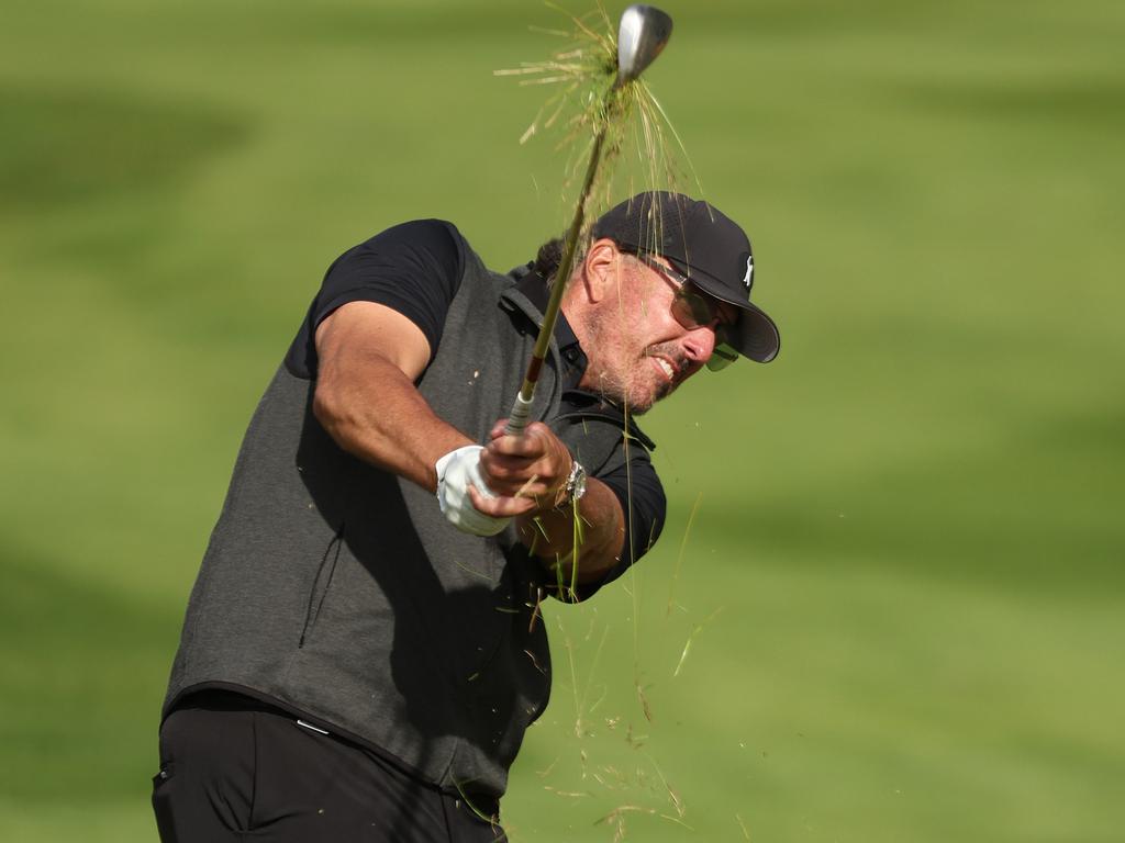 Phil Mickelson plays out of the rough on the 15th hole during day three of the LIV Golf Invitational at The Centurion Club. Picture: Matthew Lewis/Getty Images