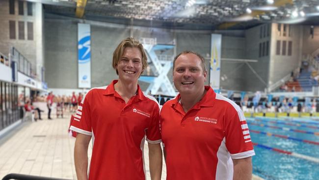 Ipswich Grammar Swimming Club's Jayden Allum with Tom Harris.