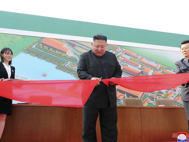 A photo provided by the North Korean government appears to show Kim cutting a tape at a fertiliser factory near Pyongyang. Picture: AP