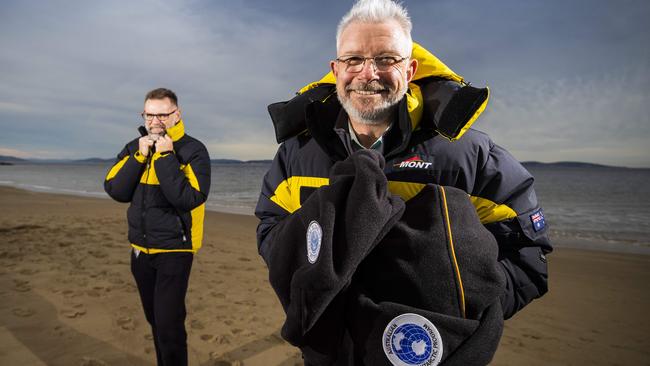 AAD to donate jackets and other warm equipment to Hobart City Mission. CEO of Hobart City Mission John Stubley (right) with Rob Bryson, AAD GM Assets and Infrastructure. Picture: RICHARD JUPE