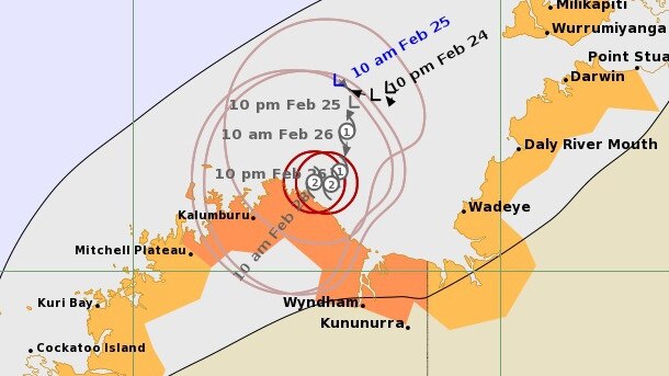 Cyclone track map, updated Feb 25 10.30am. Picture: Bureau of Meterology