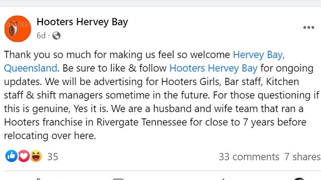 A Hooters Hervey Bay Facebook page was created in December. Photo: Facebook.