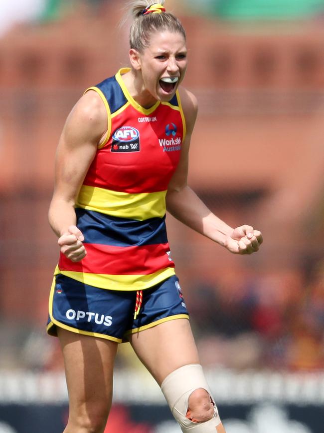 Deni Varnhagen celebrates a victory against Collingwood at Norwood Oval in March. Picture: Sarah Reed