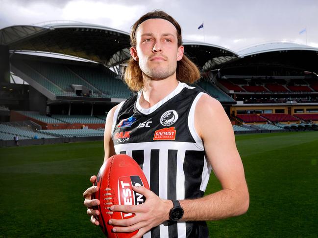 Port Adelaide player Jarrod Lienert stands on Adelaide Oval ready for his third grandfinal in four years Thursday September 19,2019.Picture Mark Brake