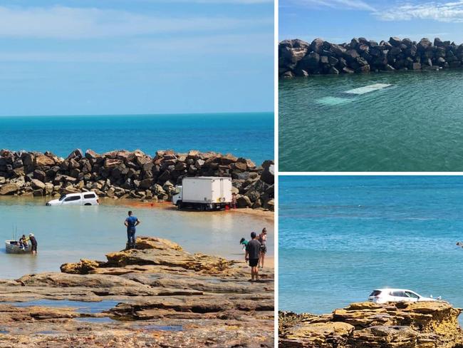 Two cars and one small truck have been bogged and submerged under water at Nightcliff Jetty in Darwin. Picture: Fishing Reports Darwin