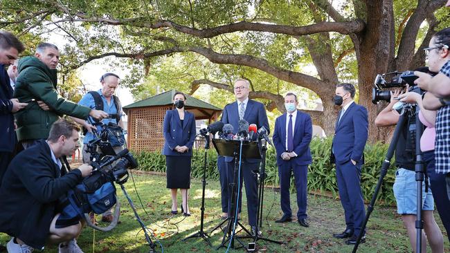 Mr Albanese pictured visiting Bentley Health Services talking with nurses and WA Premier Mark McGowan. Picture: Sam Ruttyn