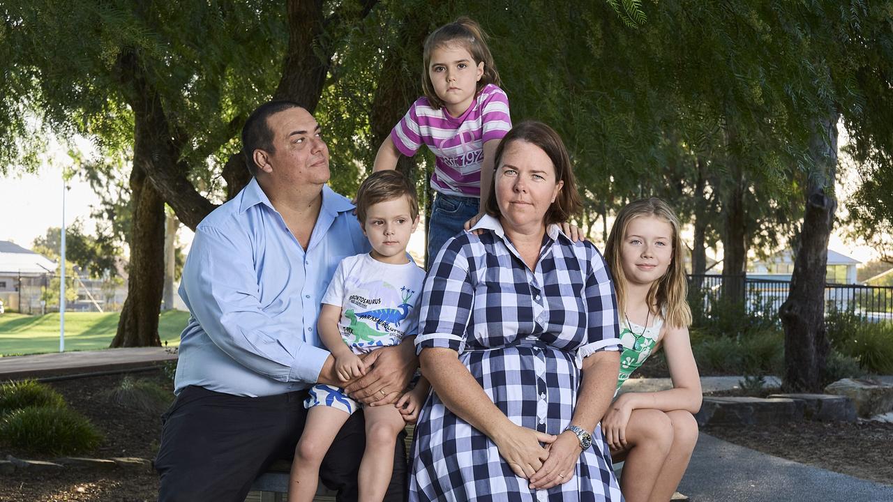 Businesswoman and mum Paige Cross with her husband, Nigel, and children Oliver, 4, Madeline, 6, Paige, and Amelia, 9. Picture: Matt Loxton