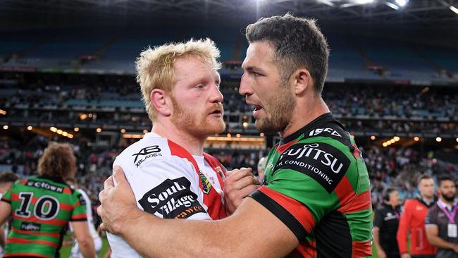 Dragons forward James Graham and Rabbitohs’ Sam Burgess embrace after full-time. Picture: AAP