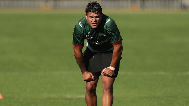 SYDNEY, AUSTRALIA - MAY 06: Latrell Mitchell of the Rabbitohs rests between runs during a South Sydney Rabbitohs NRL training session at Redfern Oval on May 06, 2020 in Sydney, Australia. (Photo by Mark Metcalfe/Getty Images)