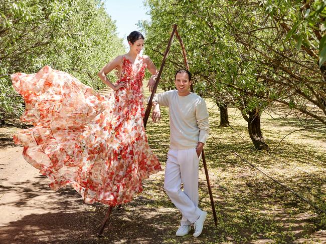 EMBARGO FOR WISH 03 MAY 2024. FEE MAY APPLY. Jenna Dinicola Stefanovic and husband Tom Stefanovic at their MandolÃÂ© Orchard almond farm near Griffith, NSW. Photo: Hugh Stewart