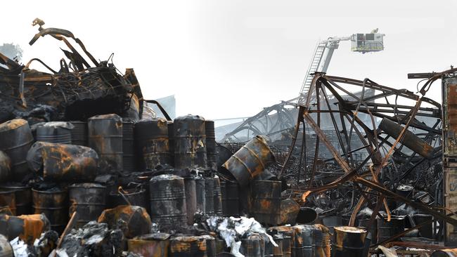 Firefighters still working at the West Footscray factory fire.  Picture: Nicole Garmston