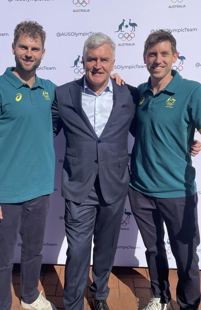 Josh Beltz and Eddie Ockenden with Australian Olympic president and Tasmanian Ian Chesterman. Picture: AOC.