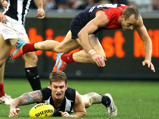 Cross was never far away from Collingwood’s Dayne Beams. Picture: Wayne Ludbey