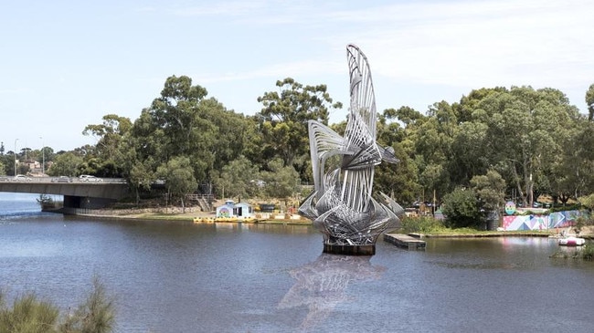 An artist’s impression of how the Uniting A Nation sculpture could have looked at the Torrens Lake. Artwork: Ray Hirst