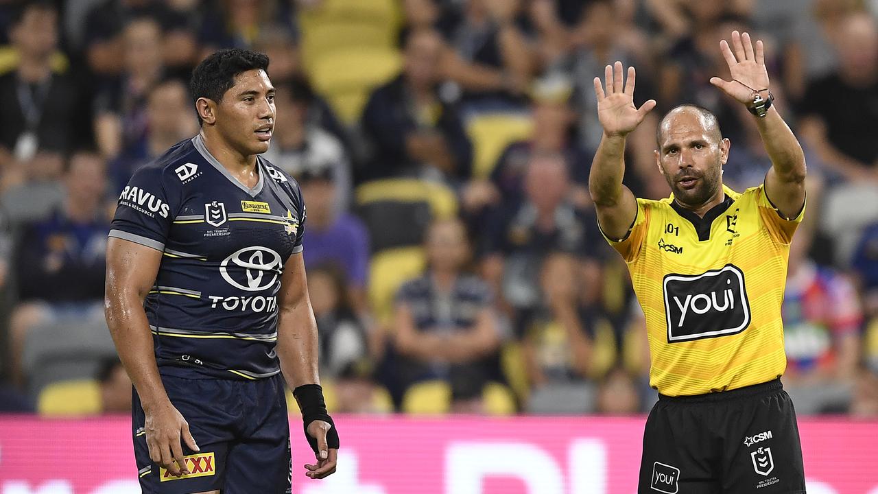 TOWNSVILLE, AUSTRALIA - MAY 20: Jason Taumalolo of the Cowboys is sent to the sin bin during the round 11 NRL match between the North Queensland Cowboys and the Newcastle Knights at QCB Stadium, on May 20, 2021, in Townsville, Australia. (Photo by Ian Hitchcock/Getty Images)