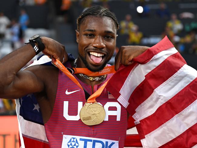 BUDAPEST, HUNGARY - AUGUST 20: Gold medalist Noah Lyles of Team United States reacts after winning the Men's 100m Final during day two of the World Athletics Championships Budapest 2023 at National Athletics Centre on August 20, 2023 in Budapest, Hungary. (Photo by David Ramos/Getty Images)