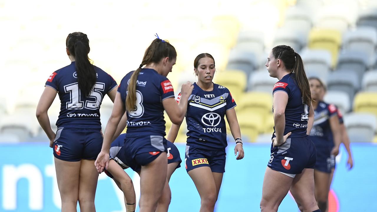 The North Queensland Cowboys look dejected after a Newcastle Knights try during their round nine loss at Queensland Country Bank Stadium on September 21, 2024 in Townsville, Australia. (Photo by Ian Hitchcock/Getty Images)