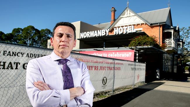 Cr Peter Matic outside the Normanby Hotel in Red Hill. Council has won a four-year fight to stop a unit tower next to the pub. Picture: Richard Walker