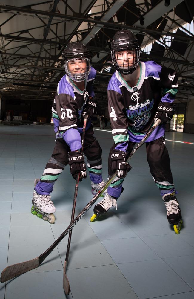 Inline hockey players from South Australia Chet Strawbridge and Mitchell Johnston, both aged 15. Picture: Linda Higginson