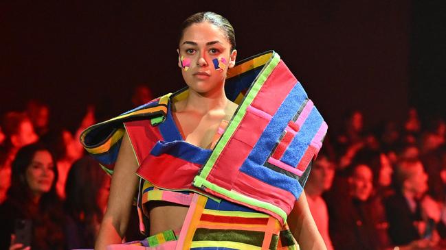 A model walks the runway during the Iordanes Spyridon Gogos show at Australian Fashion Week on Thursday. Picture: Getty Images
