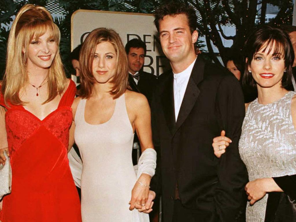 With Friends co-stars Lisa Kudrow, Jennifer Aniston and Courteney Cox at the Golden Globes in 1996. Picture: Mike Nelson/AFP