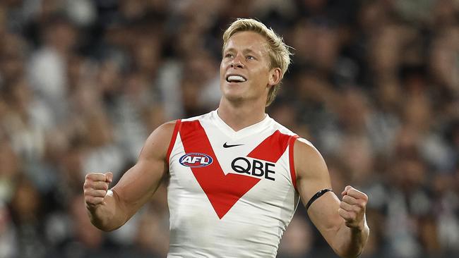 Sydney's Isaac Heeney   celebrates kicking a goal  during the Round 1 AFL match between the Collingwood Magpies and the Sydney Swans at the MCG on March 15, 2024. Photo by Phil Hillyard(Image Supplied for Editorial Use only - Phil Hillyard  **NO ON SALES** - Â©Phil Hillyard )