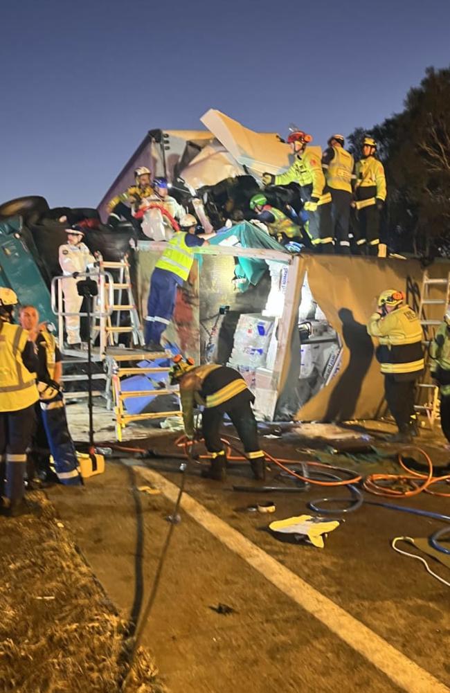 A man has died and another has been flown to hospital in a critical condition after being trapped inside a B-double in a horror crash in the state's south. Picture: FRNSW