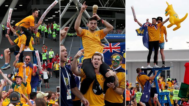 Hundreds of Aussie fans gather outside the Samara Arena, singing and making beer snakes after the match between Australia and Denmark at Samara Arena, Russia. Lachlan Modica from Melbourne sits on top of his mates shoulders after coming down from the top of a volunteers chair stand. Picture: Toby Zerna