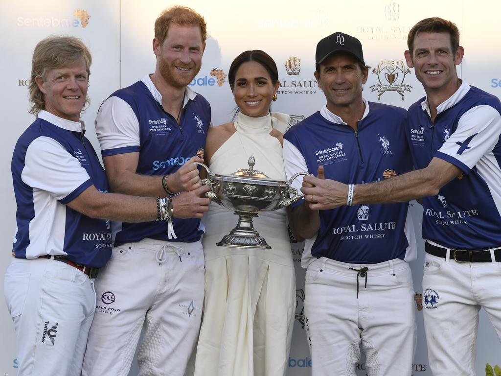 Prince Harry and Meghan at the Royal Salute Polo Challenge benefiting Sentebale at Grand Champions Polo Club. Picture: Jason Koerner/Getty Images for Sentebale