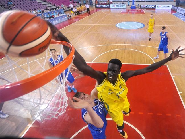 Deng Gak goes to the rim for Australia U19s. Picture: Supplied