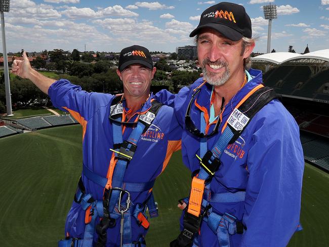 Triple M commentators Greg Blewett and Jason Gillespie on the Adelaide Oval Roof Climb.