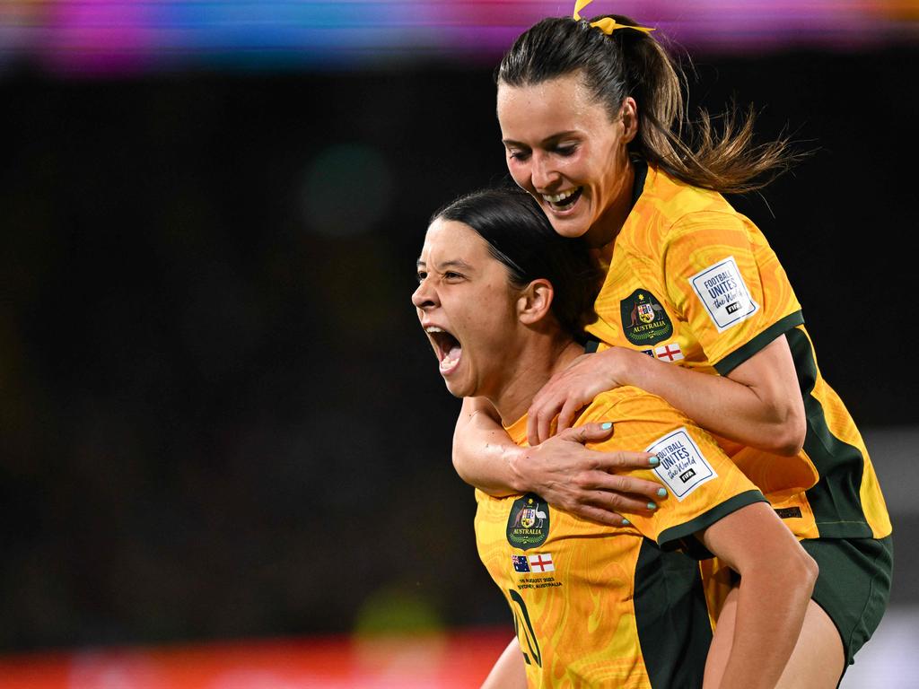 Sam Kerr celebrates scoring Australia’s only goal. Picture: Izhar Khan/AFP