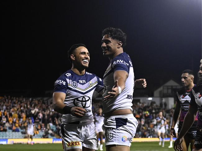 Valentine Holmes and Murray Taulagi tore the Tigers right edge to pieces. Picture: NRL Imagery