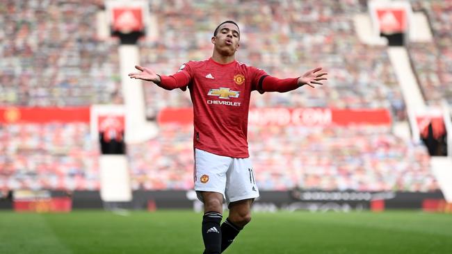 Mason Greenwood of Manchester United celebrates after scoring his team's second goal during against Burnley on the weekend. United is one of the teams involved in the proposed European Super League. Picture: AFP
