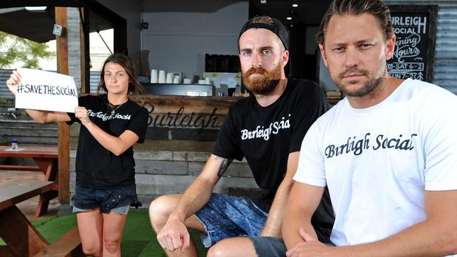 Jarrod Barnett and co-owner Ray Lich with Emily Smith at Burleigh Social. Picture: John Gass