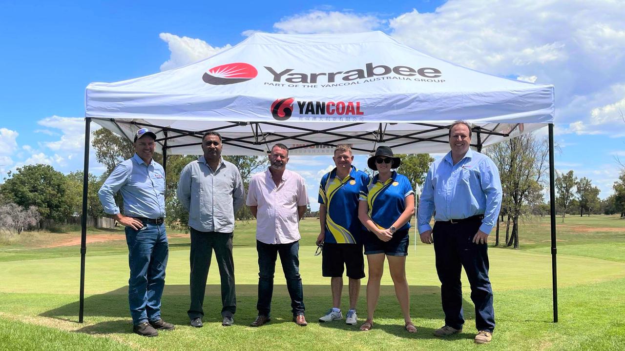 Yancoal's Yarrabee Coal Mine raised $1500 through selling scrap equipment, which purchased a new marquee for the Blackwater Junior Golf Club. Pictured: Andrew Hodgson (Yarrabee), Sam Singh (Ausmetals), Grant Heard (Ausmetals), Jason Carsburg (Blackwater Junior Golf), Gemma Carsburg (Blackwater Junior Golf) and Tom Hayes (Yarrabee).