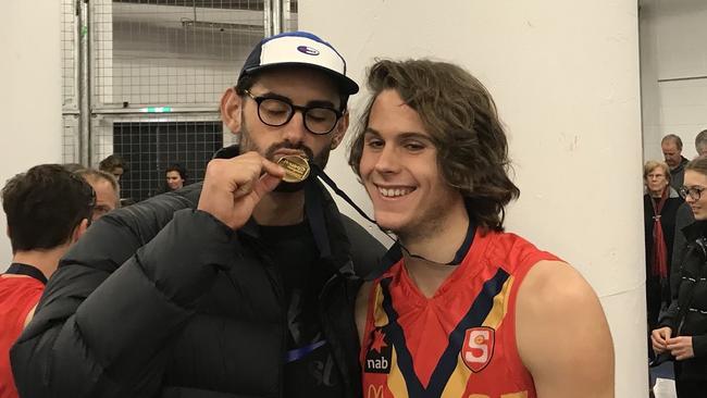 Collingwood ruckman Brodie Grundy with brother Riley Grundy at Etihad Stadium. Picture: Zac Milbank