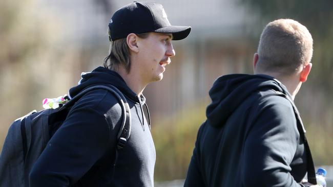 Parramatta forward Shaun Lane arrives at Eels training with teammate Daniel Alvaro on Tuesday afternoon. Picture: Jonathan Ng