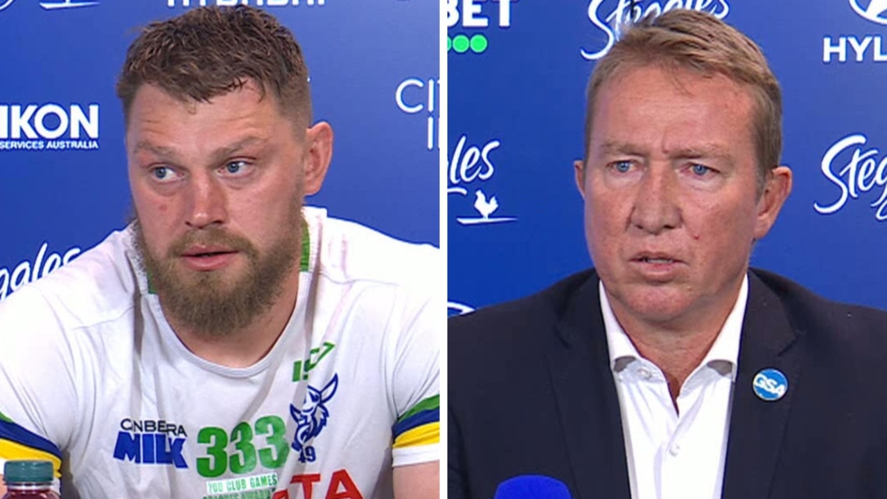 Trent Robinson vs Elliott Whitehead post-match clash, what happened, hip thrust, Brandon Smith injury, heated argument, press conference, rugby league news